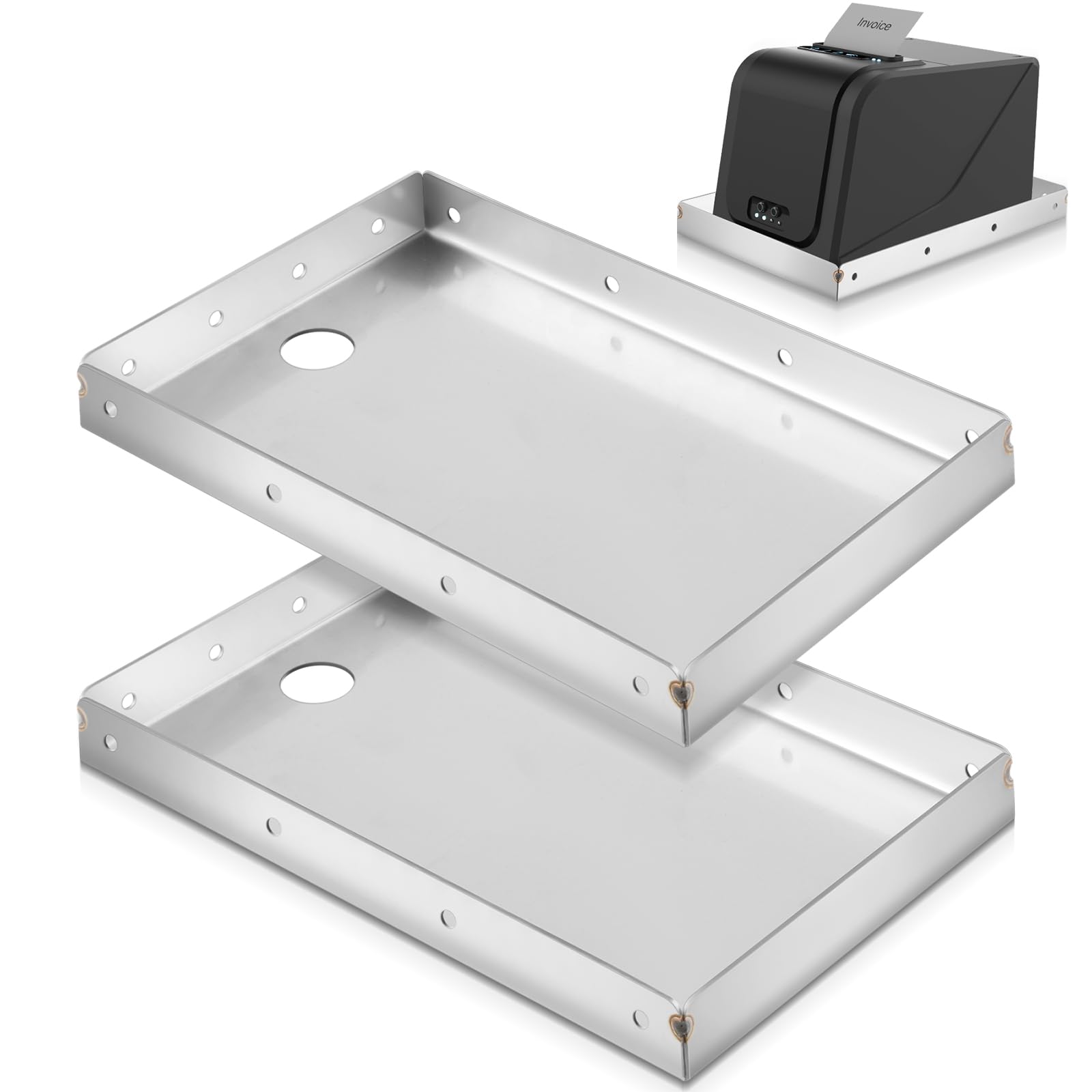 Shimeyao 304 Stainless Steel Printer Tray POS KDS Thermal Receipt 10.24 x 6.5 Inch POS Printers Shelf Thermal Printer Stand Mounts to Wall or Shelf Edge, Silver, 4 Mounting Holes Each Side(2 Pack)