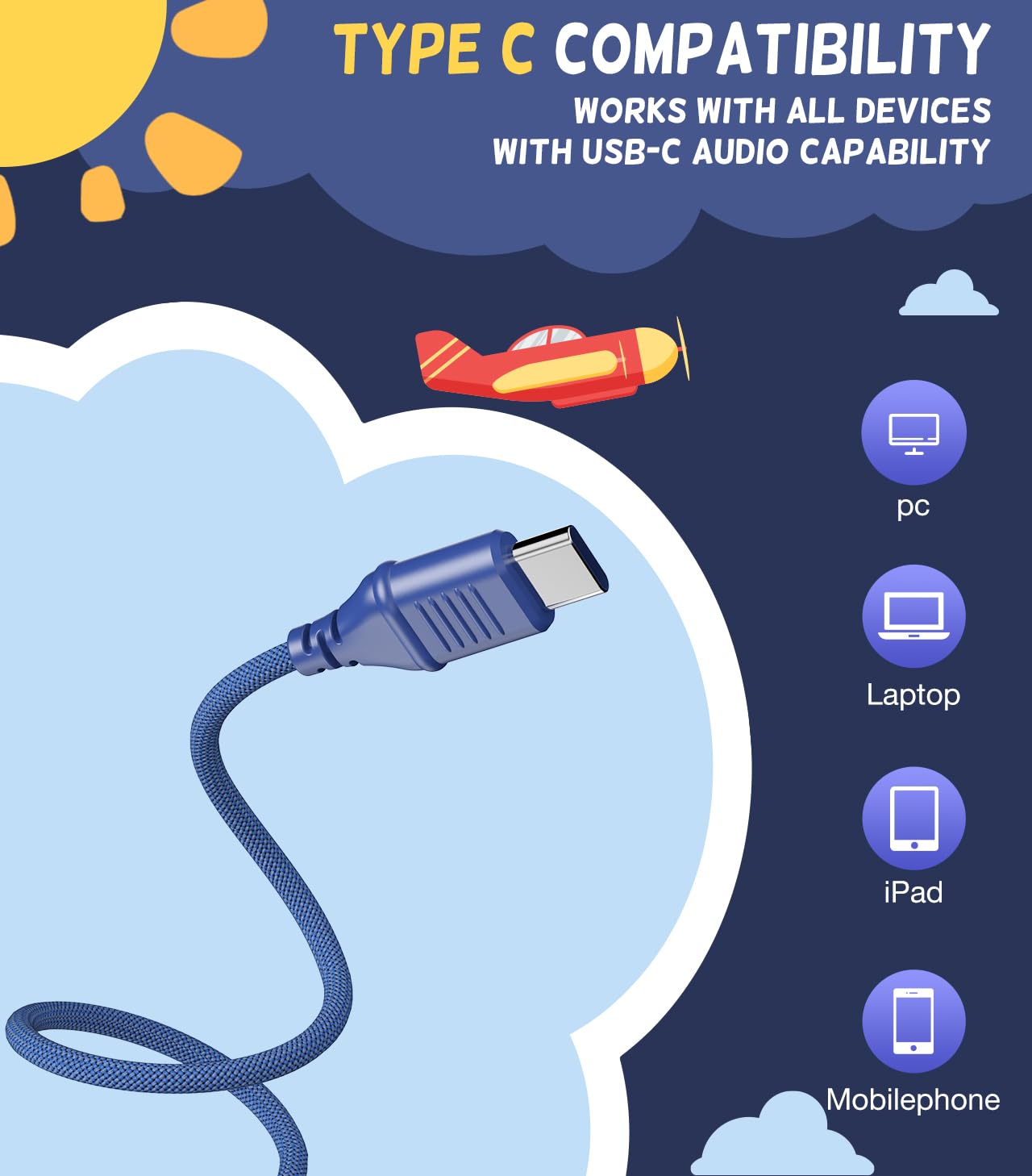 Cowyawn Cuffie Bambini USB di Tipo C, Cuffie Cablata USB C, Cuffie bambino di per la scuola, volume limitato a 94 dB, Cuffie Cablate On-ear pieghevoli e leggere per bambini/adolescenti/ragazzi/ragazze