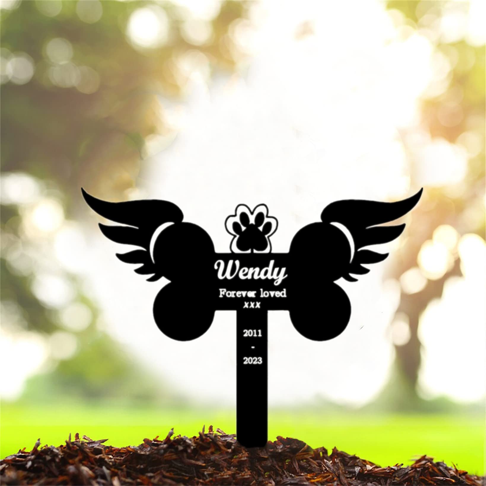 Collienght Metal Pet Grave Marker Personalized Name Garden Stake Pet Dog Memorial Angel Wings Grave Marker Dog Bone Outdoor Grave Sign Pet Loss Gifts for Family Friend (Bone Wings Stake - 1)