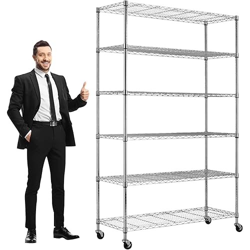 YYkokocat 6-Tier Adjustable Storage Shelves Heavy Duty Wire Shelving Unit with Wheels 2100Lb Metal Layer Rack Shelf NSF Shelving for Closet Kitchen Garage, 82" H x 48" L x 18" D - Chrome