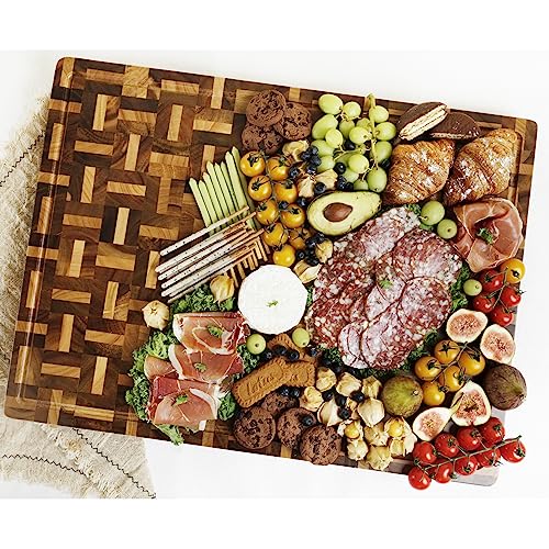 YOUSUNLONG Cutting Board XXL Large End Grain Acacia Wood Mixed With Oak - 24x18x1.5 Inch - Reversible Butcher Chopping Board With Deep Juice Groove And Handle - Cheese Board & Cooktop Board
