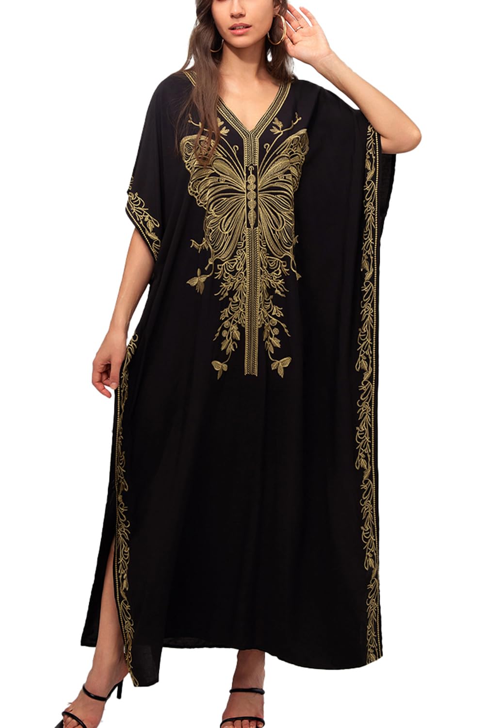 Embroidered Floral Kaftan Boho Beach Dress Bikini Coverups Long Bathrobes for Women