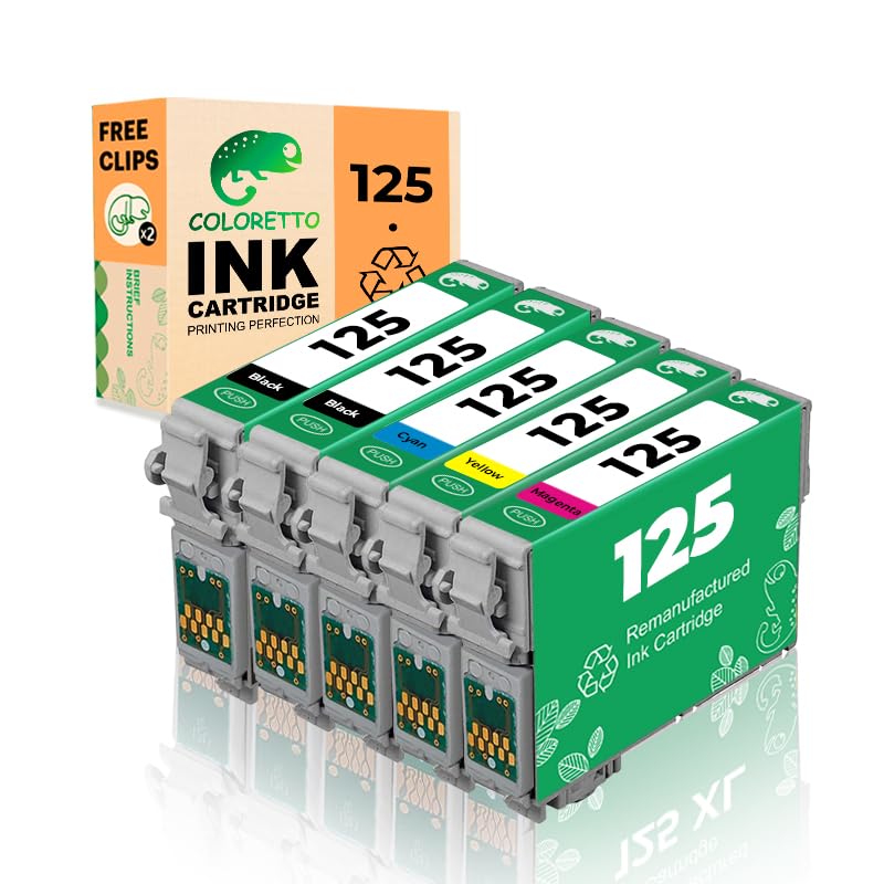 COLORETTO Remanufactured Ink Cartridge 5 Pack (2 Black 1 Cyan 1 Magenta 1 Yellow) Combo Pack Replacement for Epson 125 T125 Used for Epson NX530 NX625 323 325 520 NX125 NX127 NX130 NX230 Printer
