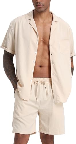 RPOVIG Conjunto de 2 piezas de camisa de lino para hombre, conjunto de 2 piezas con botones, ropa casual de verano, ropa de vacaciones