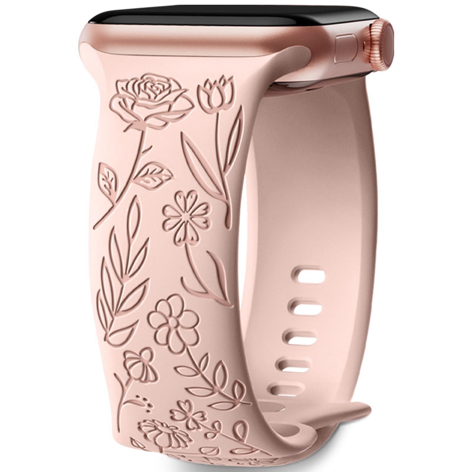 Floral Engraved Band Compatible with Apple Watch Strap 38mm 40mm 41mm for Women, Soft Silicone Elegant Rose Flower Pattern Replacement Strap for iWatch Series SE 9 8 7 6 5 4 3 2 1