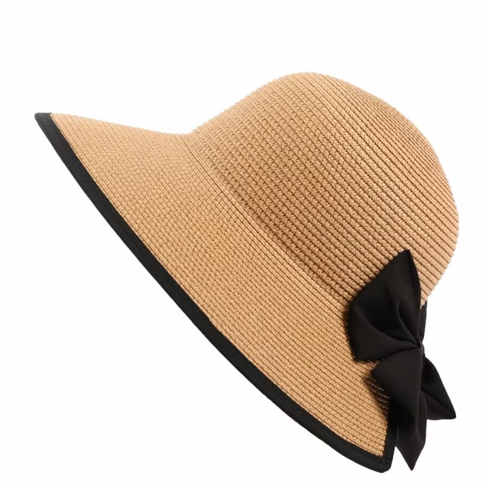Plancholo Women's Khaki Sun Hat Summer Straw Panama Hats Fedora Beach Hat With Bowknot For
