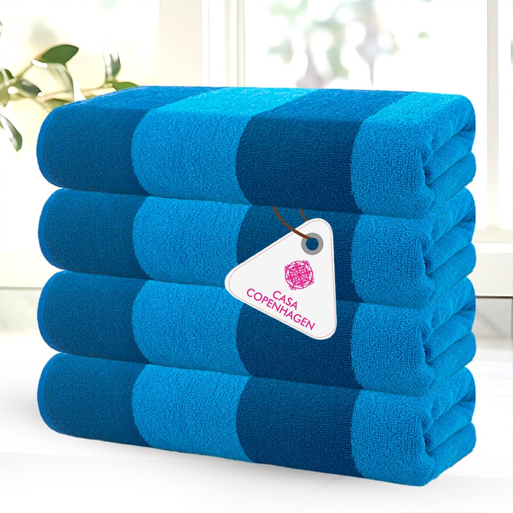 Casa Copenhagen Serviettes de Plage Malibu, conçues au Danemark, Robustes et durables, séchage Rapide, pour la Piscine. Lot de 4 Serviettes de Plage et de Bain en Coton, 76x 152cm. Bleu/Turquoise