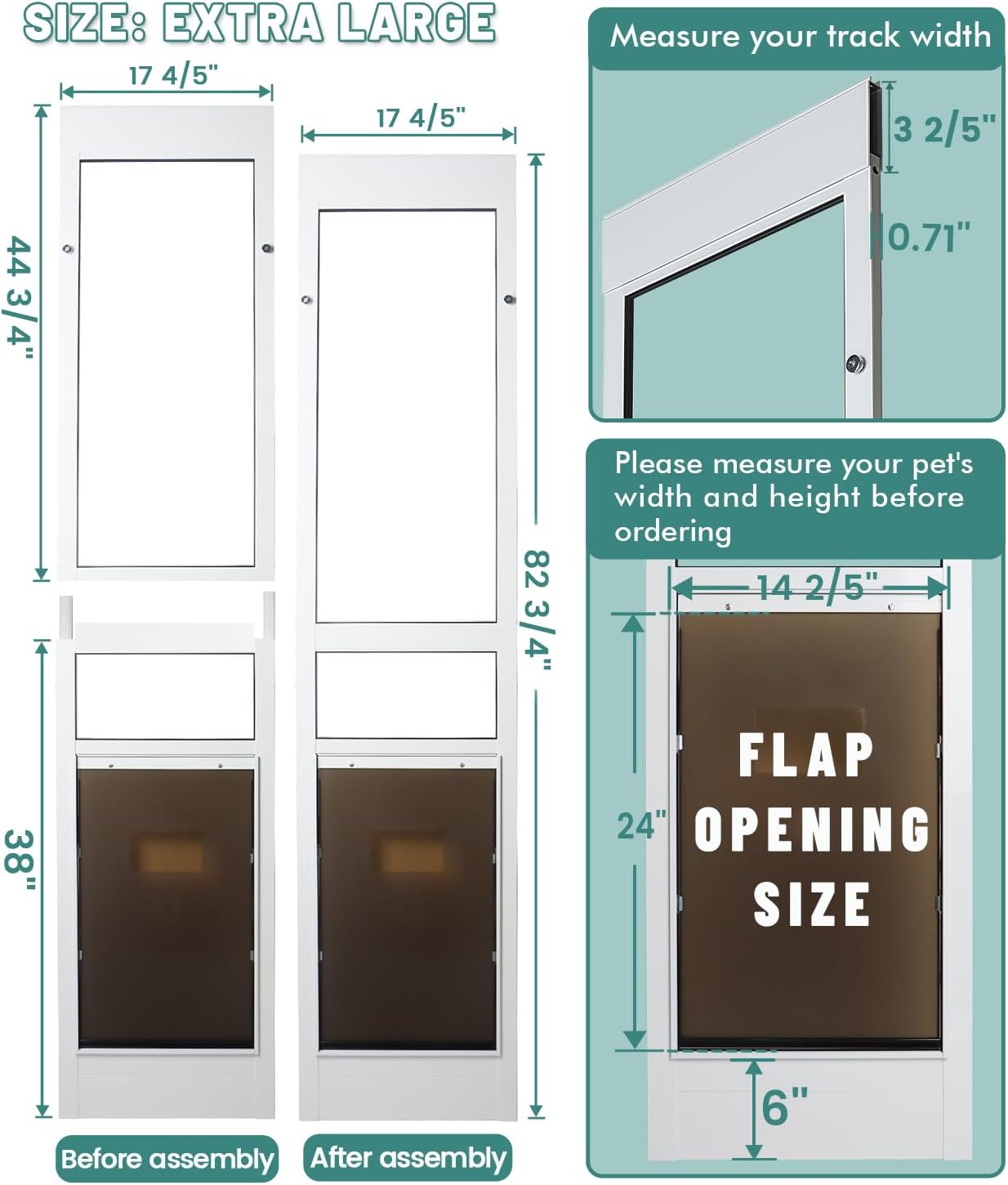 XL Dog Door for Sliding Glass Door for Extra Large Dog Fit 79 3/8 to 82 3/4 Inch Patio Sliding Door: Aluminum Frame, 14"(w) x 24" Flap