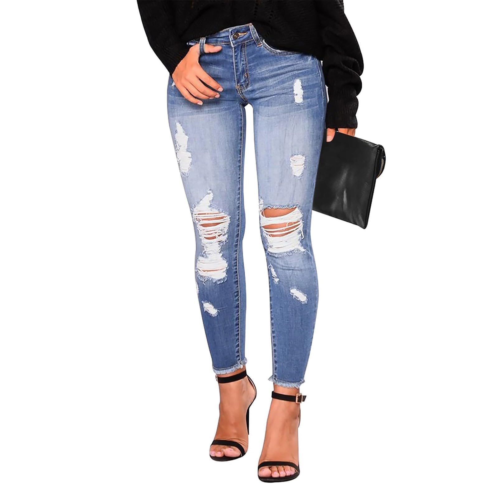 MASUCOR Ripped Jeans Womens Stretchy Skinny Low Rise Jeans Distressed Y2k Boyfriend Denim Pants Ripped Jeggings with Pockets Slim Fit Jeans Frayed Raw Hem Ankle Jeans(Blue,XXL)