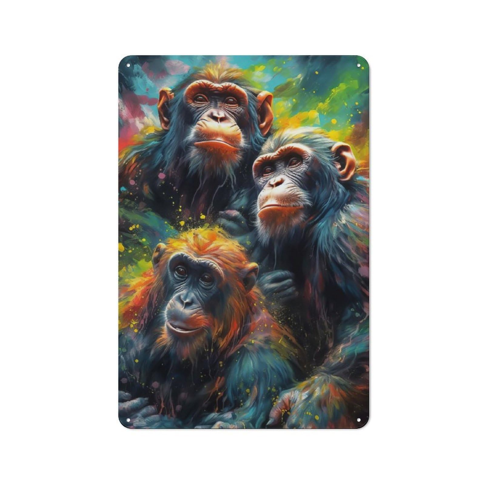 Junmoney Monkeys Painting Rustic Tin Wall Plaque 30X20cm For Guest Room Or Hallway, For Garage, Workshop And Man Cave Decoration