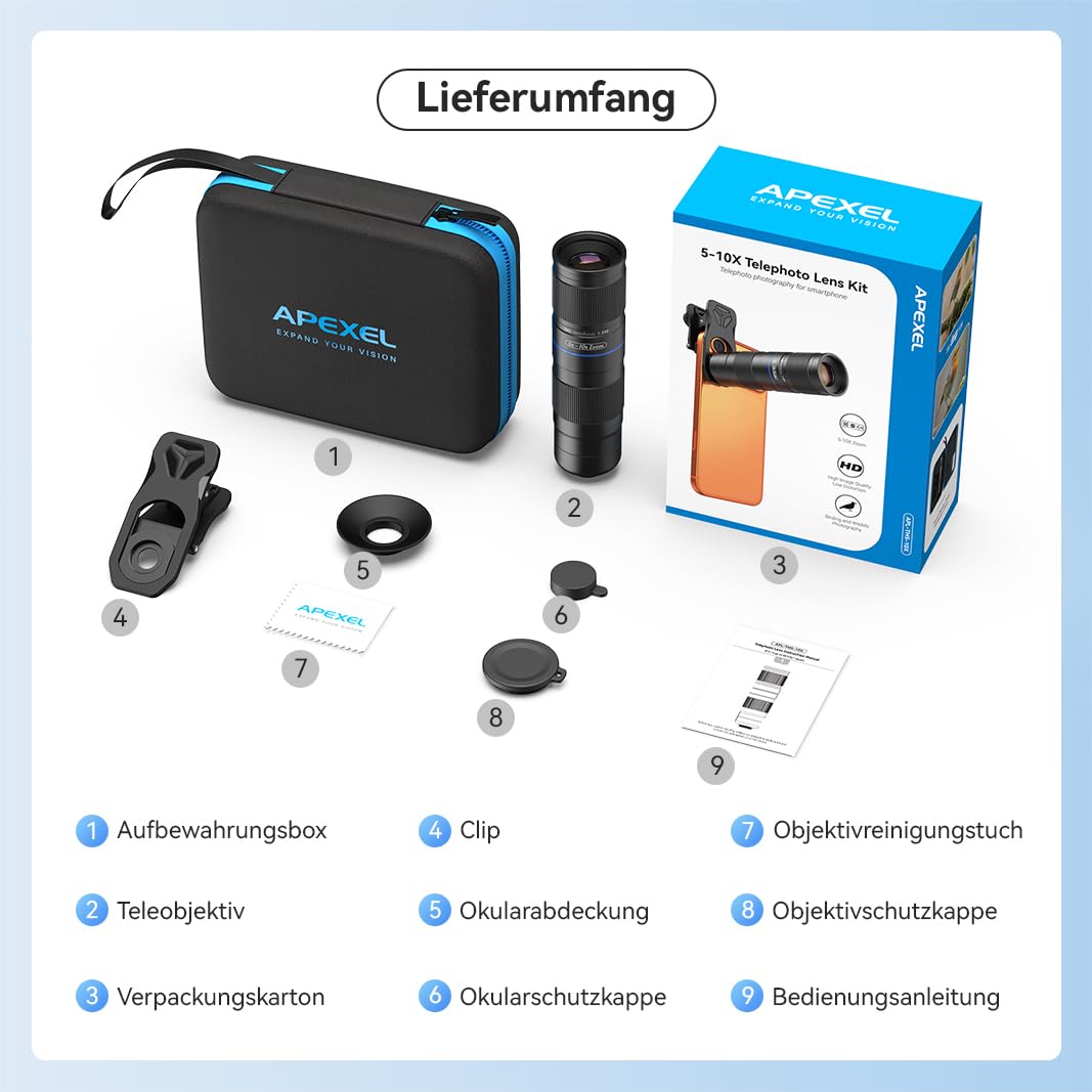 APEXEL Kompaktes 5x-10x Zoom-Teleobjektiv für Mobiltelefone mit Universalclip, Mehrfach Vergütetes Teleobjektiv, Geeignet für iPhone 17/16/15..., Samsung, Pixel und andere Smartphones,Schwarz