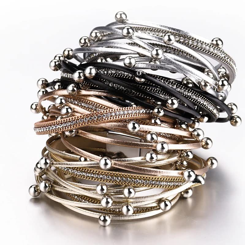 Pulseras de Cuero con Cuentas de Metal, Cadena de Cristal para Mujer, Pulsera Envolvente Multicapa Bohemia para Mujer