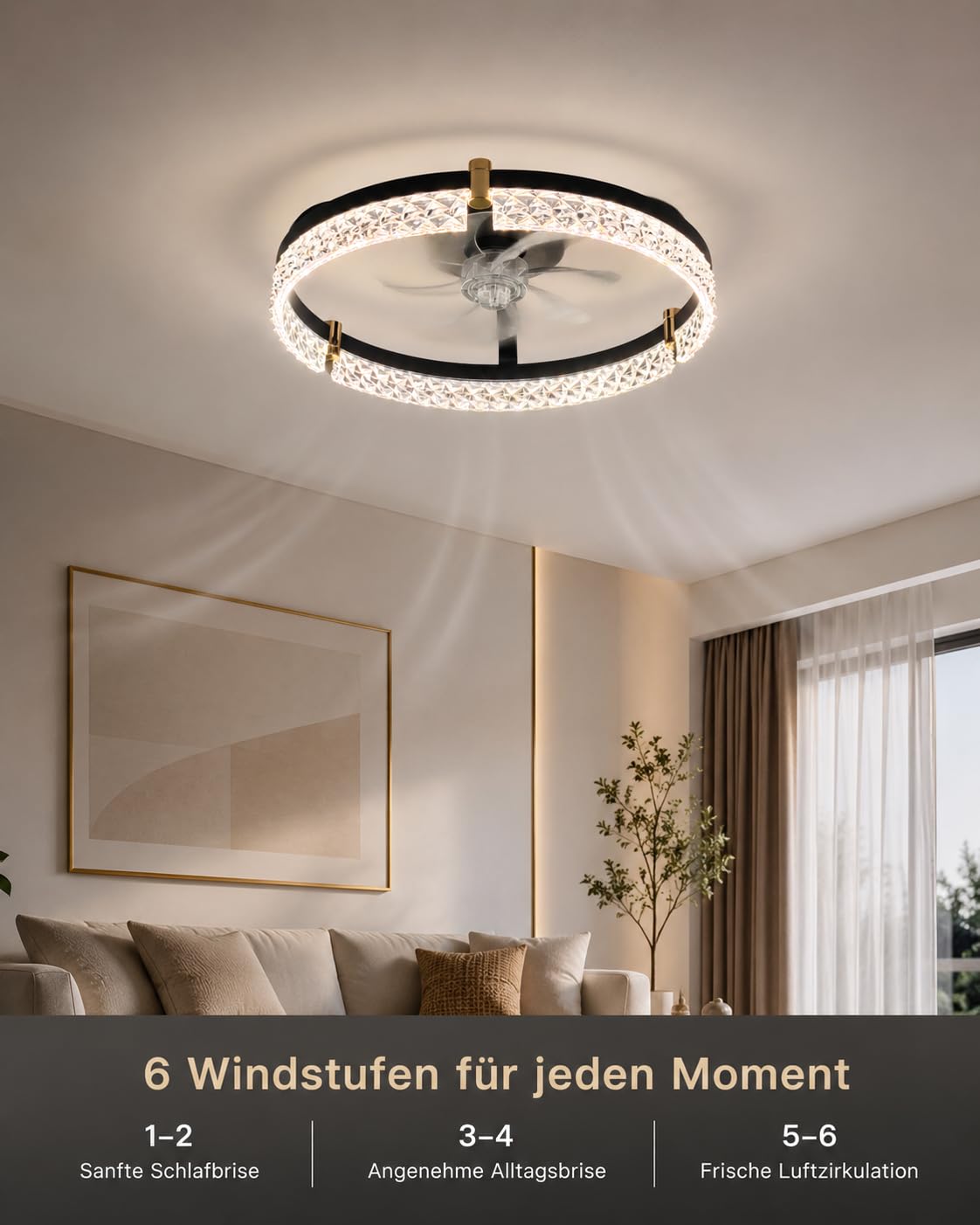 Airwit 50cm Deckenventilator mit Beleuchtung, Lampe mit Ventilator in Glasoptik, Deckenlampe mit Ventilator leise dimmbar, 3000K-6000K stufenlos, 6 Windstufen, Timer 1/2/4H, App Fernbedienung, Schwarz
