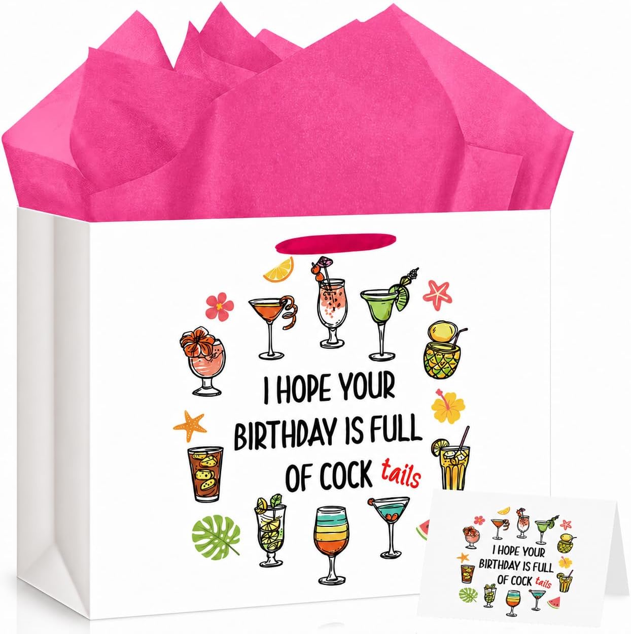 Hkshaoda Funny Cocktail Birthday Gift Bag for Women with Greeting Card Pink Tissue Paper, Hilarious Humor Gag Present Wrap for Bestie Sister Girlfriends, Tropical Summer Party Supplies