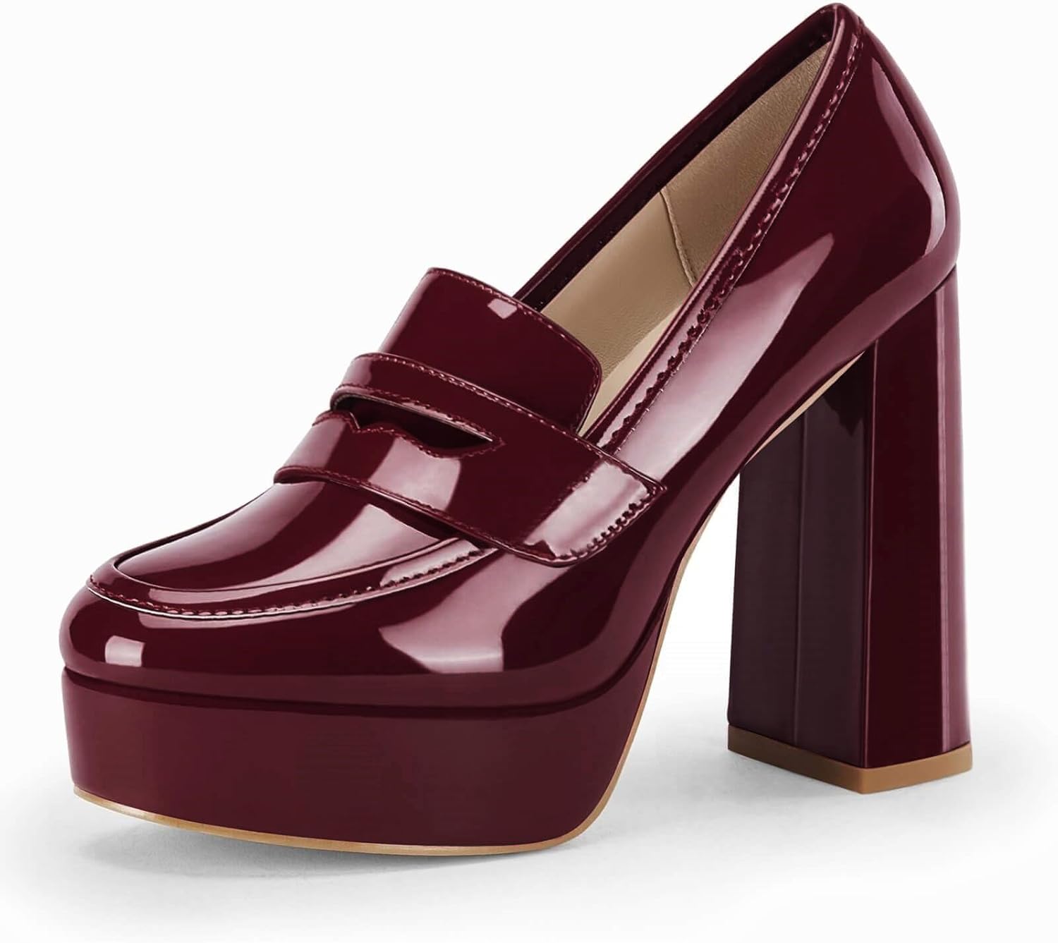 Womens Platform Heels Loafers Chunky High Heel Closed Toe Patent Leather Shoes Penny Loafer Business Dress Work Pumps - Image 4