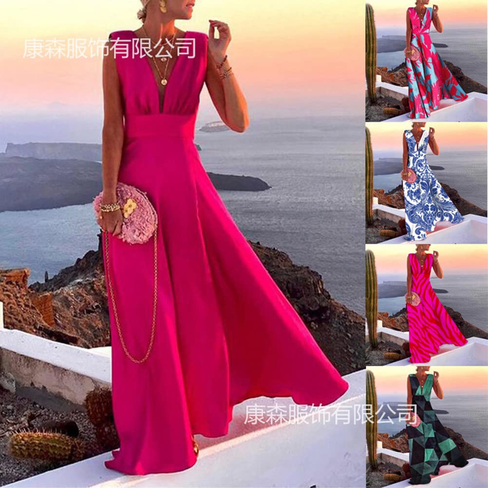 shownicer Femme Robe Cocktail Robe Profonde col en V Elegant Maxi Robes sans Manche A-Line Robe de Soirée Plage Robe Longue Fluides Sexy Chic Florale Robe