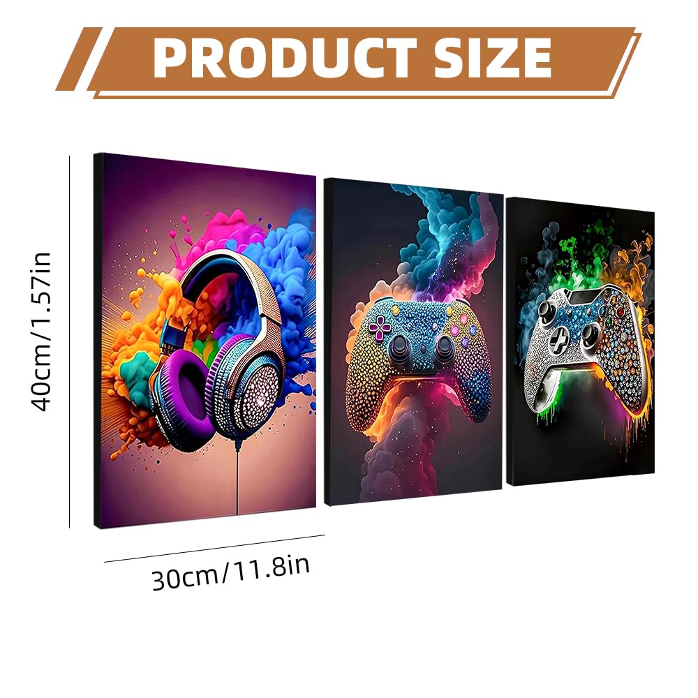 Rongxze 3 immagini da parete incorniciate, 40 x 30 cm, con strass scintillanti, gamepad, auricolari, decorazione da parete, tela HD per camera dei ragazzi, stanza dei giochi, Man Cave