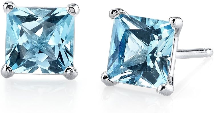 Peora Solid 14K White Gold Swiss Blue Topaz Earrings for Women, 2.50 Carat total Princess Cut, Genuine Gemstone Birthstone Solitaire, AAA Grade, Friction Back
