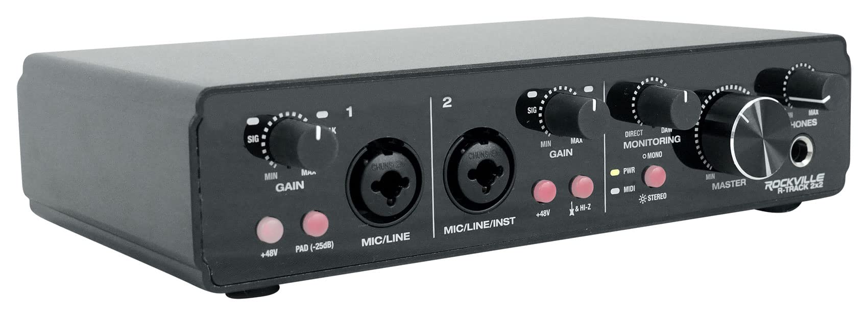 Rockville R-TRACK Interfaccia audio USB 2x2 24-bit 192kHz 2 preamplificatori microfonici, bassa latenza, costruzione durevole, compatibile DAW, perfetto per registrazione in studio domestico e