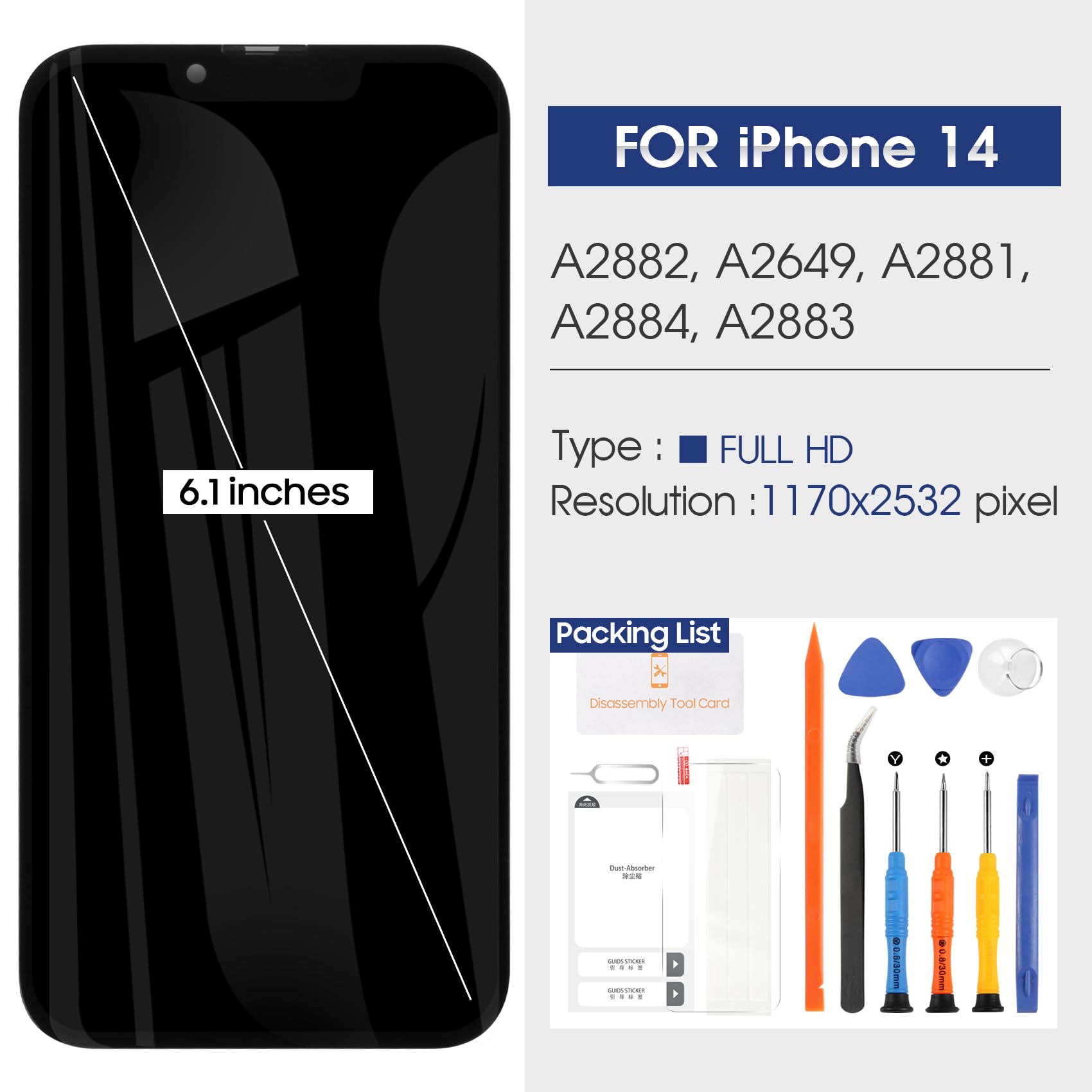 Reparo pour iPhone 14 Écran LCD pour iPhone 14 LCD Display pour iPhone14 6.1" Écran Remplacement A2882 A2649 A2881 A2884 A2883 Écran Tactile Numériseur Assemblée avec Réparation Kits