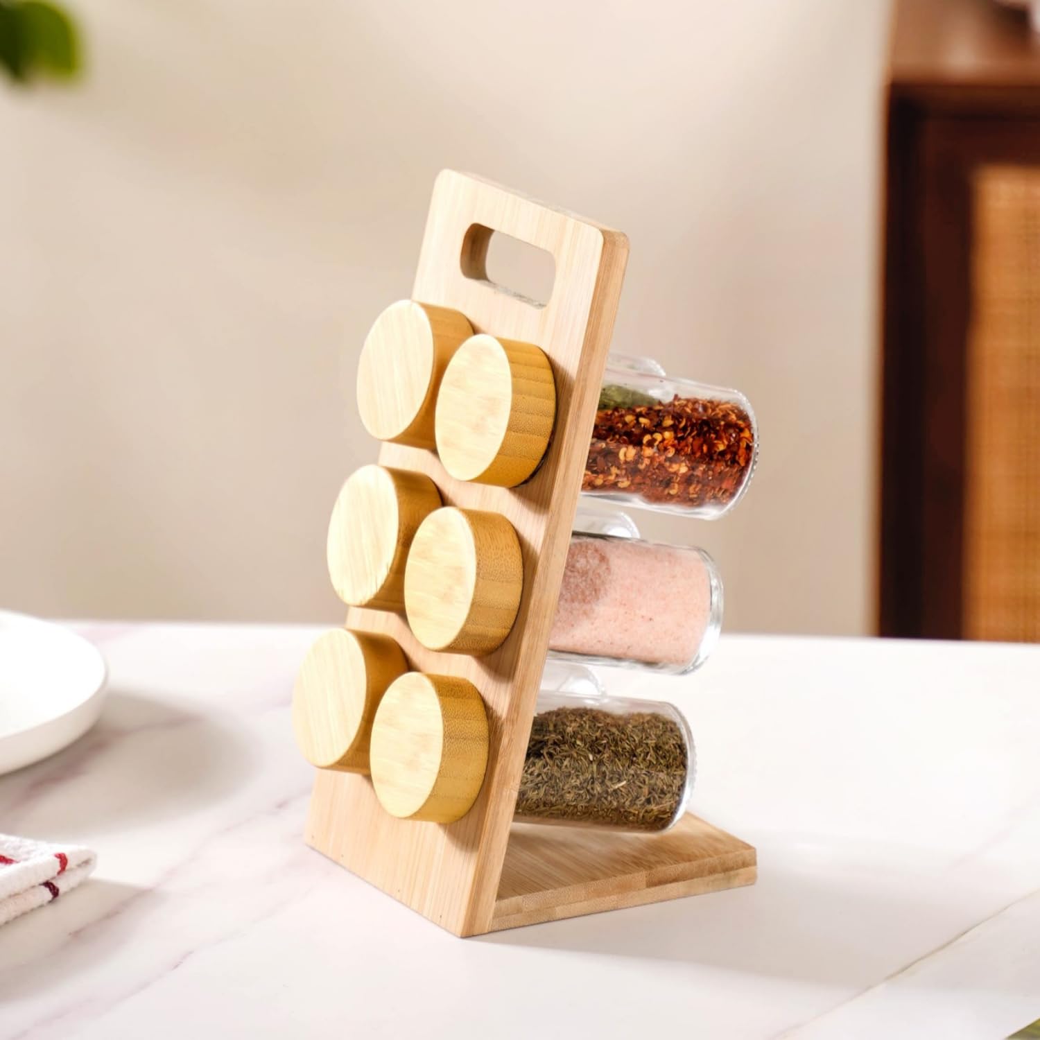 Nestasia Storage Jars with Rack (Set of 6-80 ml Each), Airtight Borosilicate Glass Spice Jars with Bamboo Lid Ideal for Storing Spices, Herbs, Seasonings, Mouth Fresheners (Transparent)