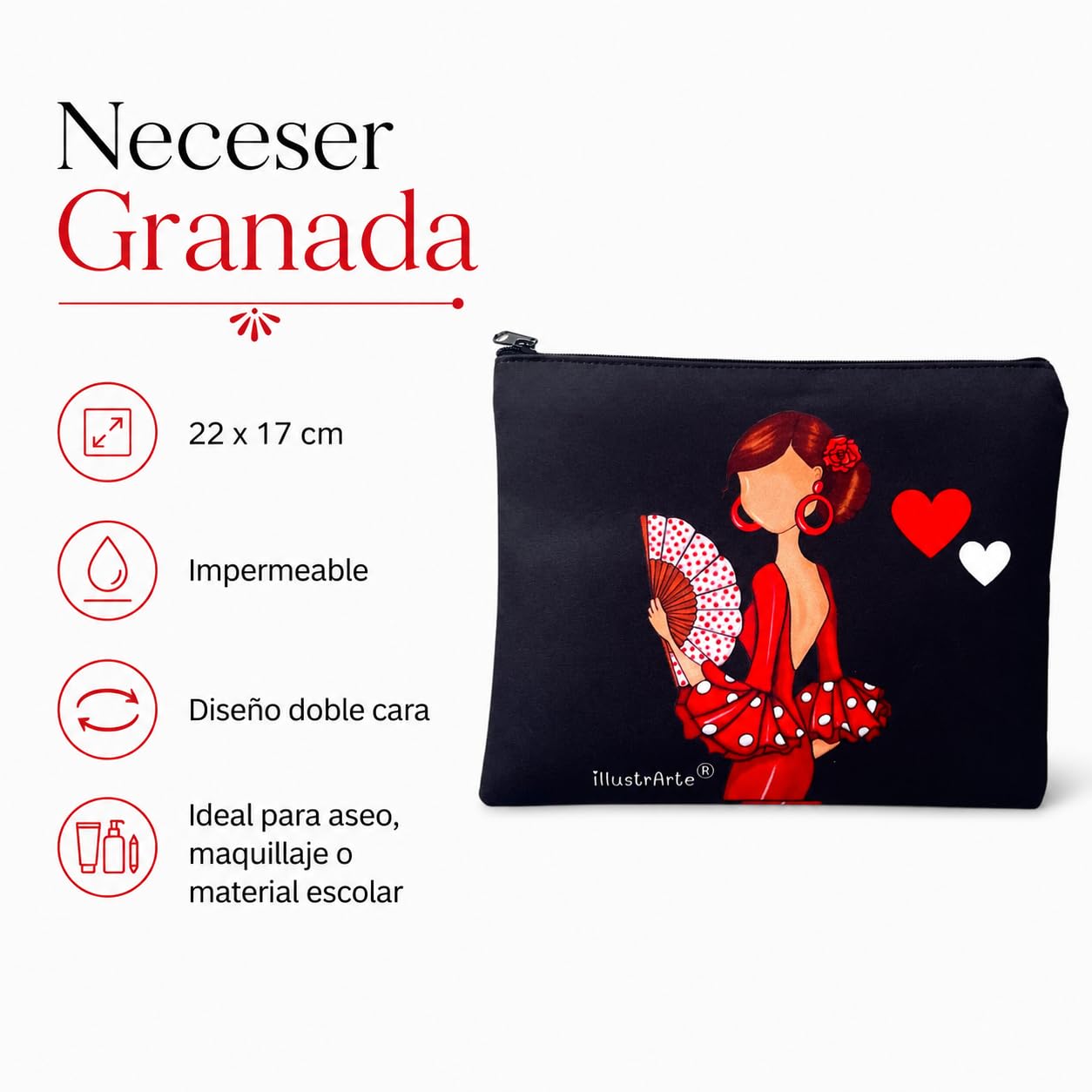 Beauty case/Astuccio “Pepa” con ballerina di flamenco – design double face – 22x17 cm – impermeabile – borsa da toilette donna o da viaggio