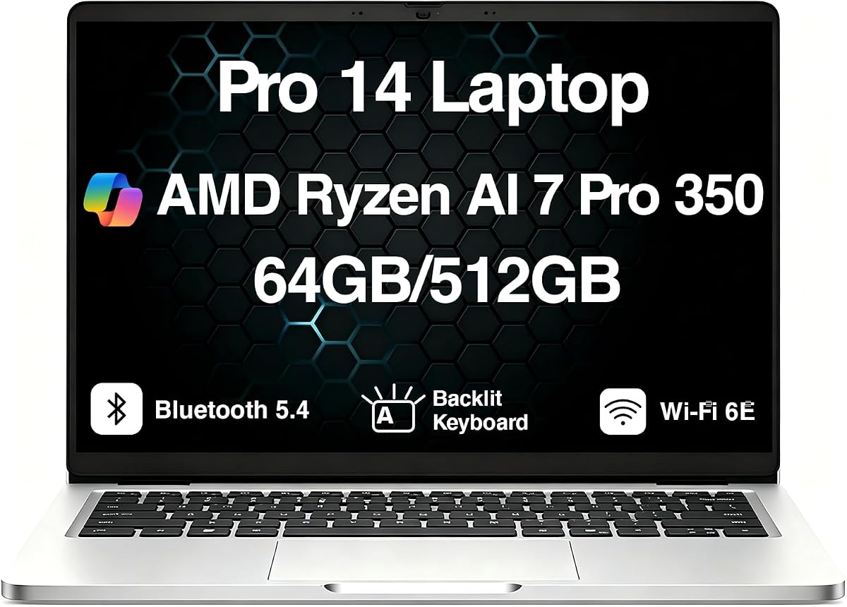 Laptop empresarial Dell Pro 14 Copilot+ AI Pantalla IPS FHD+ de 14" | AMD Ryzen AI 7 Pro 350, 64 GB DDR5, 512 GB SSD, teclado retroiluminado, Thunderbolt 4, WiFi 6E, Bluetooth 5.4, Windows 11 Pro