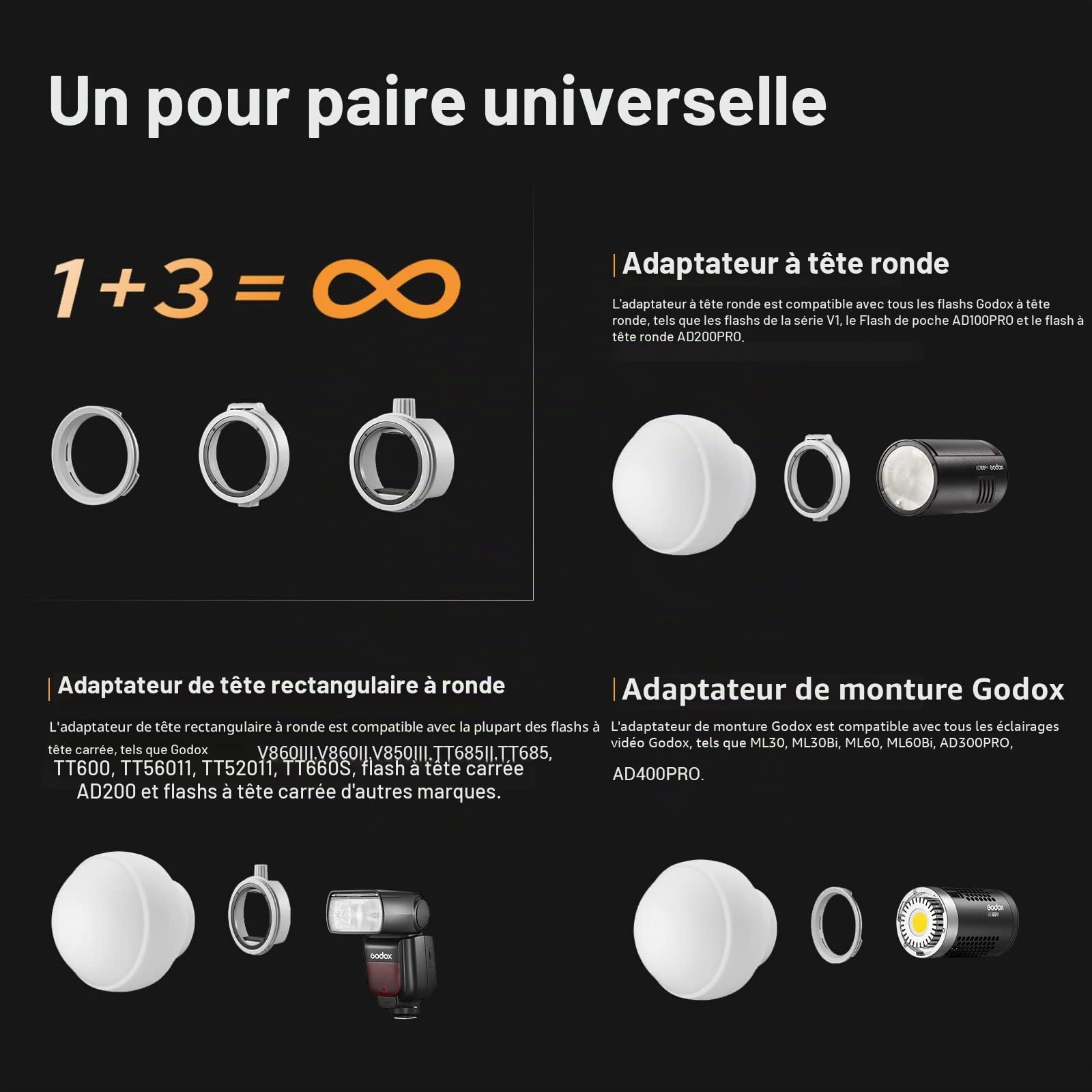 Godox ML-CD15 Diffuseur Dôme avec 3 Types D'adaptateurs, Dôme de Diffusion Silicone pour Godox V1 V1Pro V100 TT685II V860II V860III AD100Pro AD200Pro AD200ProII AD300Pro AD300ProII AD400Pro ML30Bi
