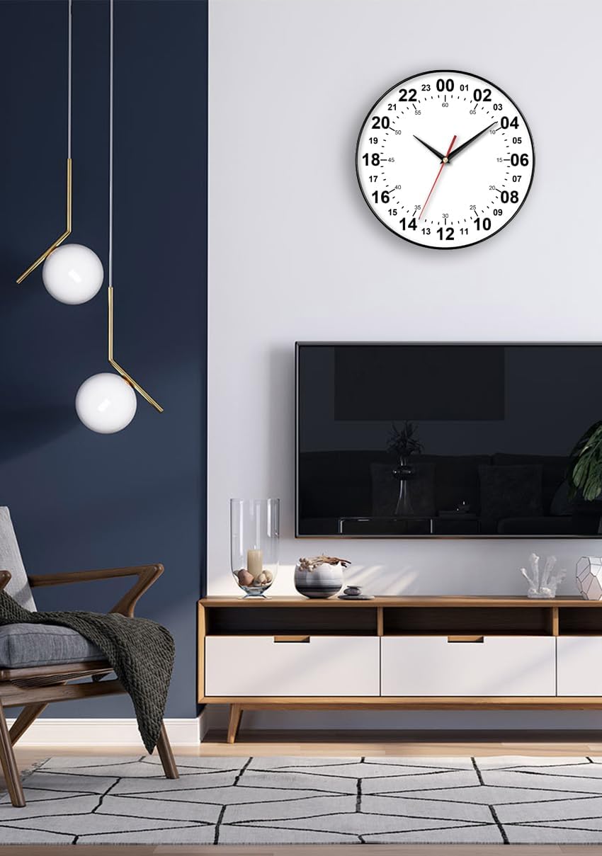 24 Hour Wall Clock 12 Inch Round Wall Clock Easy to Read White Dial Modern Simple Style Decor Clock for Home/Office/Kitchen/Bedroom/Living Room