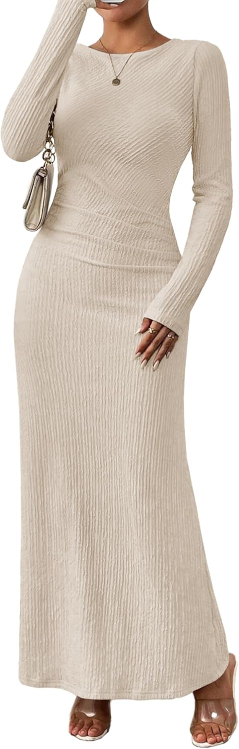 MITILLY Fall Dress for Women 2025 Long Sleeve Maxi Dress Formal Crew Neck Bodycon Ruched Cocktail Party Dresses