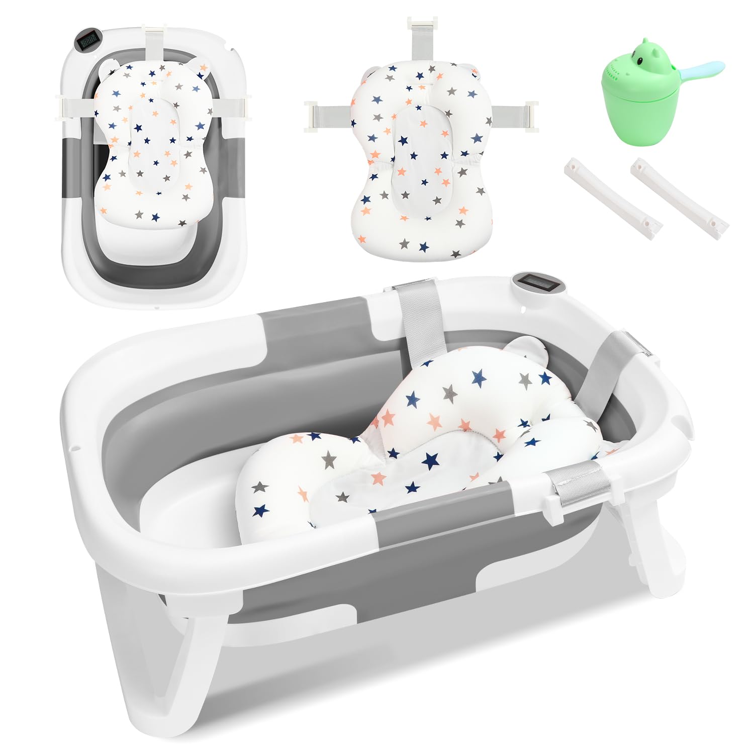 SWANEW Baby Badewanne Faltbar Babywanne Klappbare mit Einsatz Babybadewanne, mit Thermometer und Bath Mat, Baby-haarwaschbecher, Rutschfeste Baby Bathtub für Neugeborene 0-6 Jahre, Grau