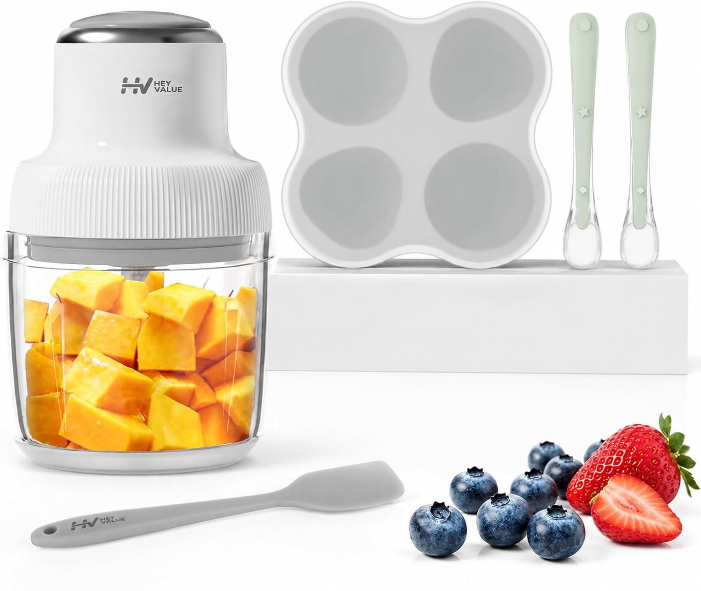 Baby Food Maker, HEYVALUE Larger Baby Food Processor Set for Fruit, Vegatable & Meat, Glass Puree Blender with Baby Food Freezer Tray, Silicone Spoons, Spatula,20 OZ(Gray)