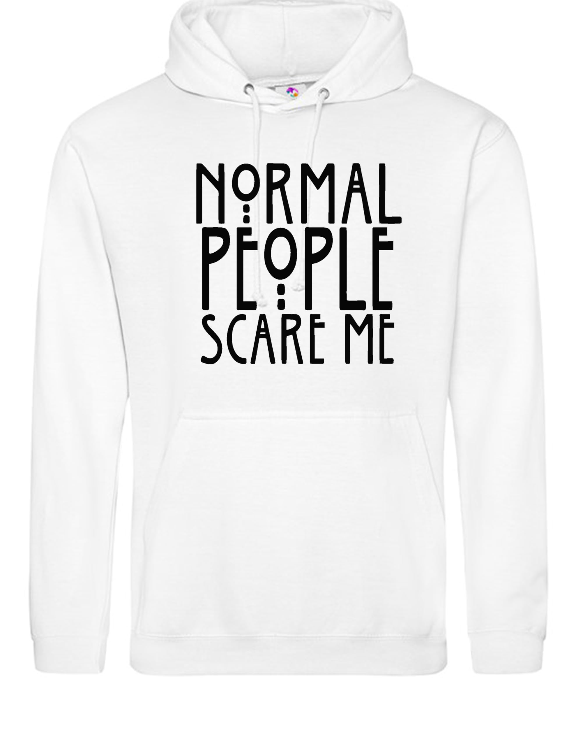 Moonbow Unisex White Funny Normal People Scare Me Hoodie For Men & Women– Trendy Gothic Pullover Sweatshirt –Soft Fleece – Aesthetic Grunge Streetwear, Comfortable & Warm, Gift For Alternative Fashion Lovers