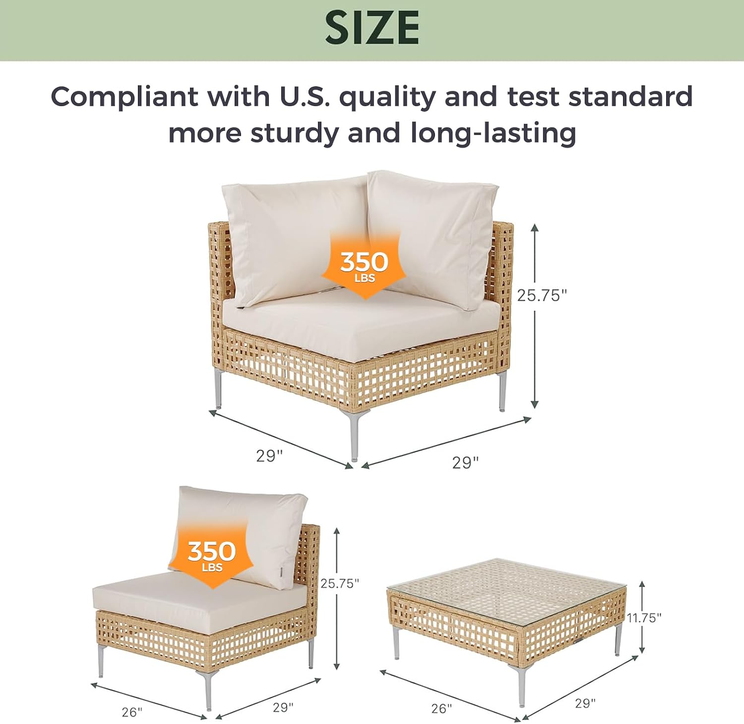 Grand patio 3-Piece Wicker Patio Furniture Set, Outdoor Sectional Conversation Sofa Couch Set with Beige Cushions Thickened Water Resistant Cushions and Glass Table for Lawn, Garden, Backyard
