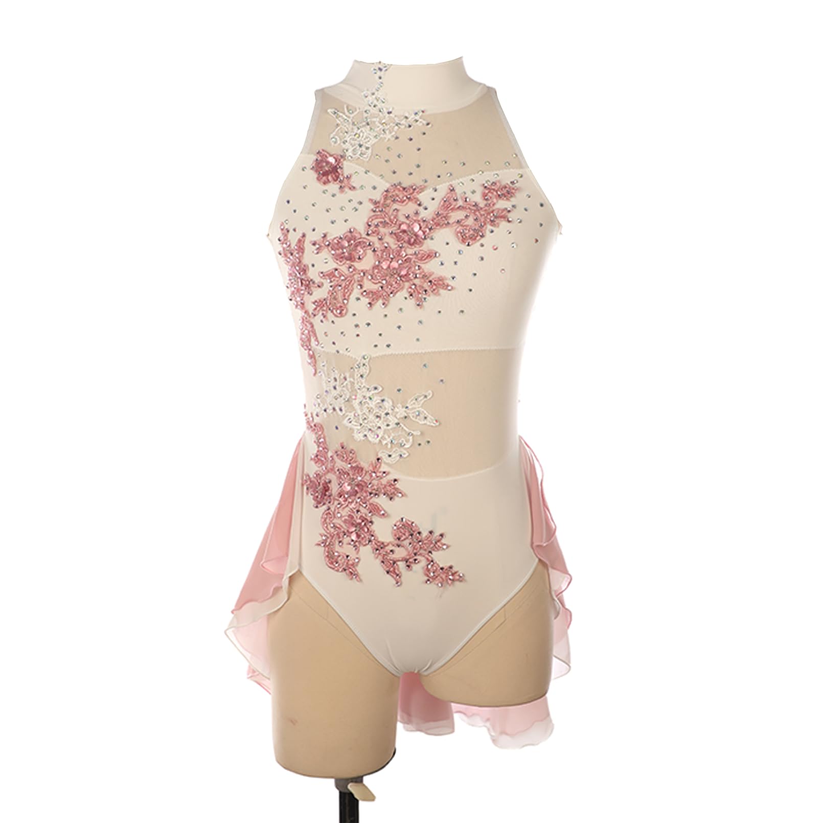 Abito da Pattinaggio Artistico Bambina Body Danza Classica Donna Bianco Senza Maniche Rosa Fiore Strass Vestito da Balletto Body da Ginnastica Ritmica