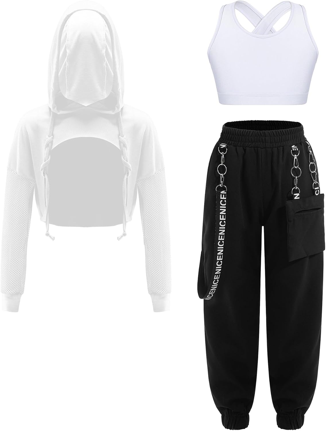 Hansber Girls 3 Piece Jazz Hip Hop Dance Outfits Hooded Crop Top with Leggings Active Set for Gymnastics Yoga Dancing