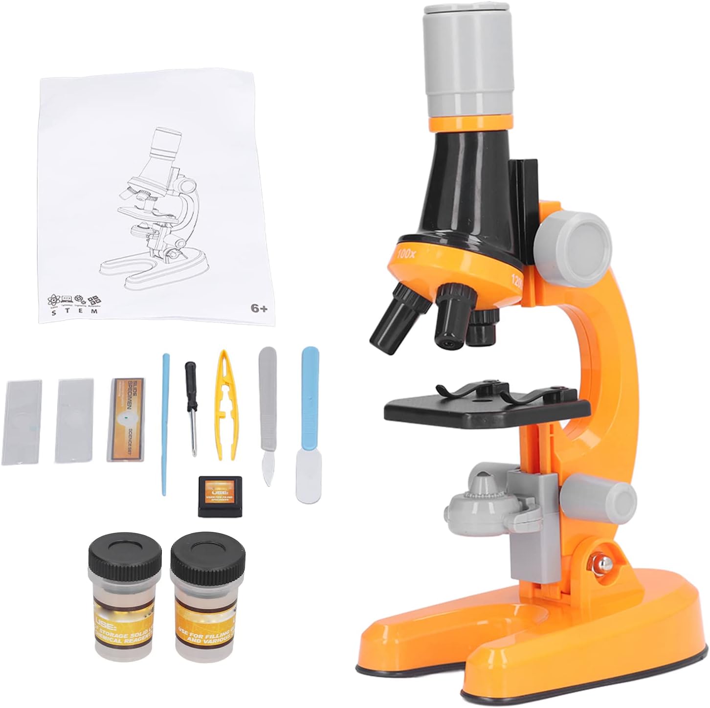 Kids Microscope, Professional Clear Image Microscope Kit for Children Plastic Angle for Home Observation (Orange)