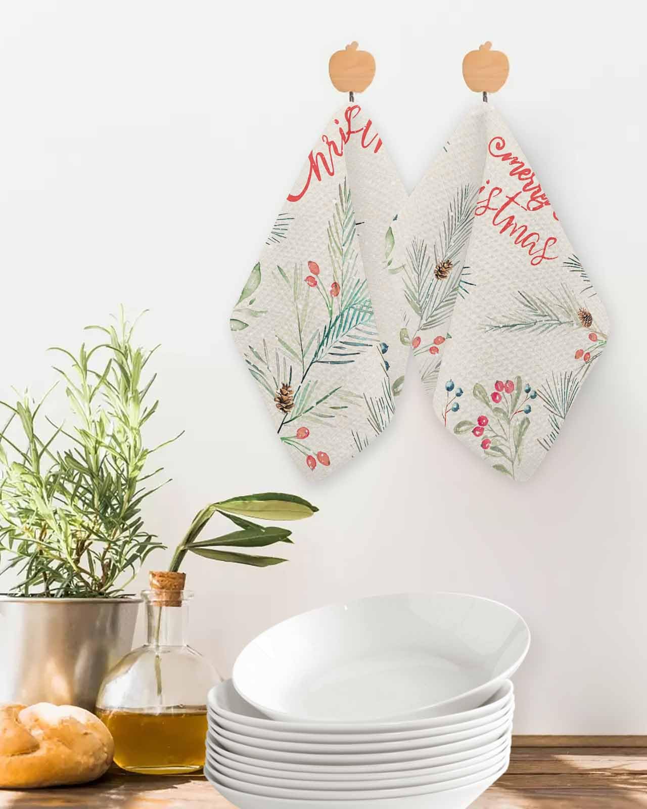 Hokiten Christmas Waffle Kitchen Towels Dishcloths, Xmas Botanical Snowflake Pine Cones Rustic Absorbent Dish Towels | Hand Towels for Bathroom/Bar, 12 x 12 Inch, 3 Pcs