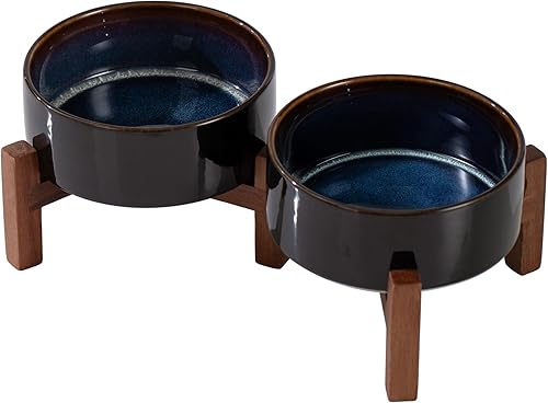 Miniatura 33 de Juego de cuencos dobles elevados de cerámica de 6.1 pulgadas con soporte de madera de acacia, 2 alturas elevadas, cuencos para alimentos y agua para