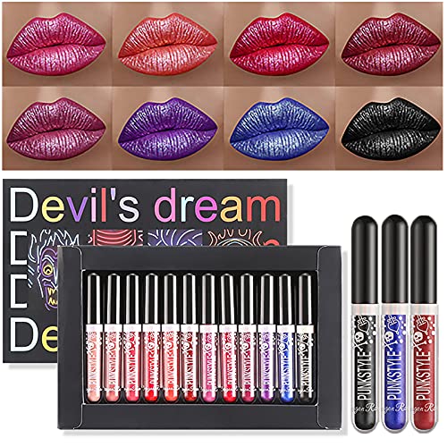 12 Colors of Diamond Shining Sparkly Liquid Lipstick Set, Waterproof Long Lasting Metalic Glitter Matte Lip Gloss Kit Cosmetics Makeup for Party, Festival & Holiday