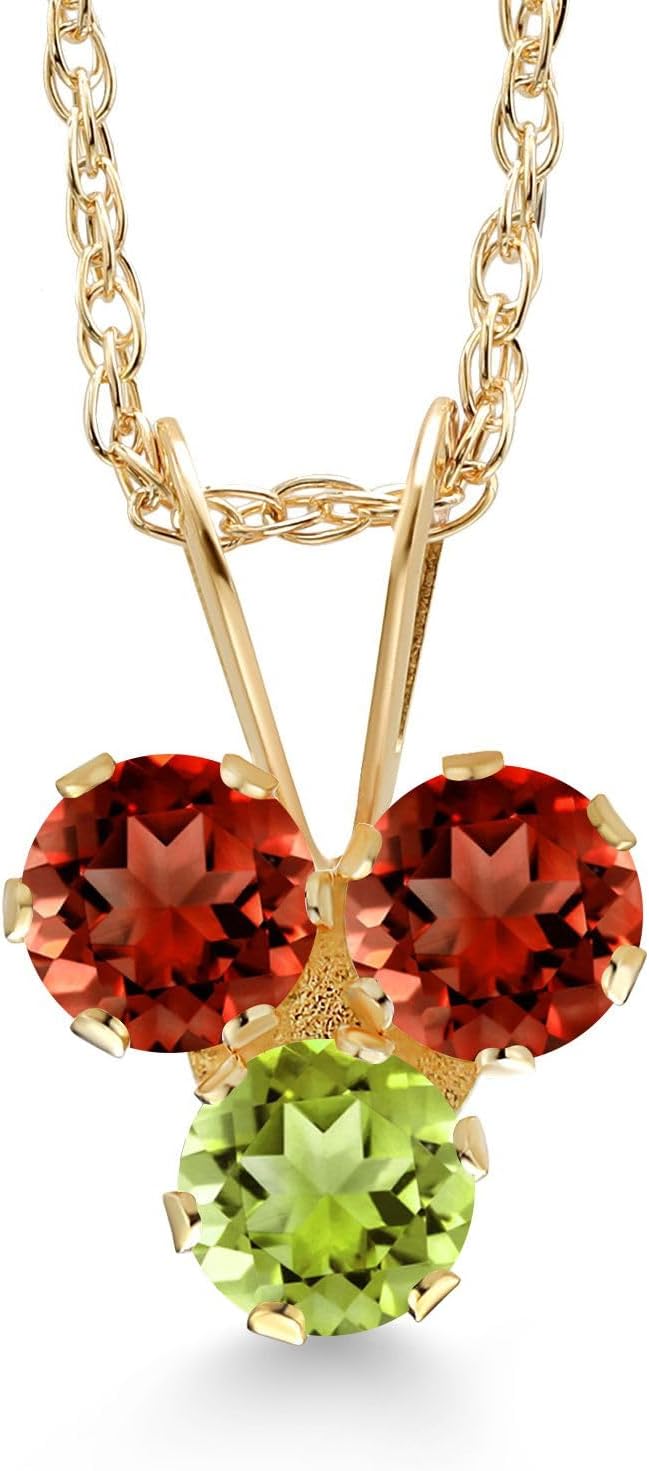 Gem Stone King 14K Yellow Gold Red Garnet and Green Peridot 3-Stone Pendant Necklace For Women (0.42 Cttw, Gemstone January Birthstone, Round 3MM, 18 Inch Chain)