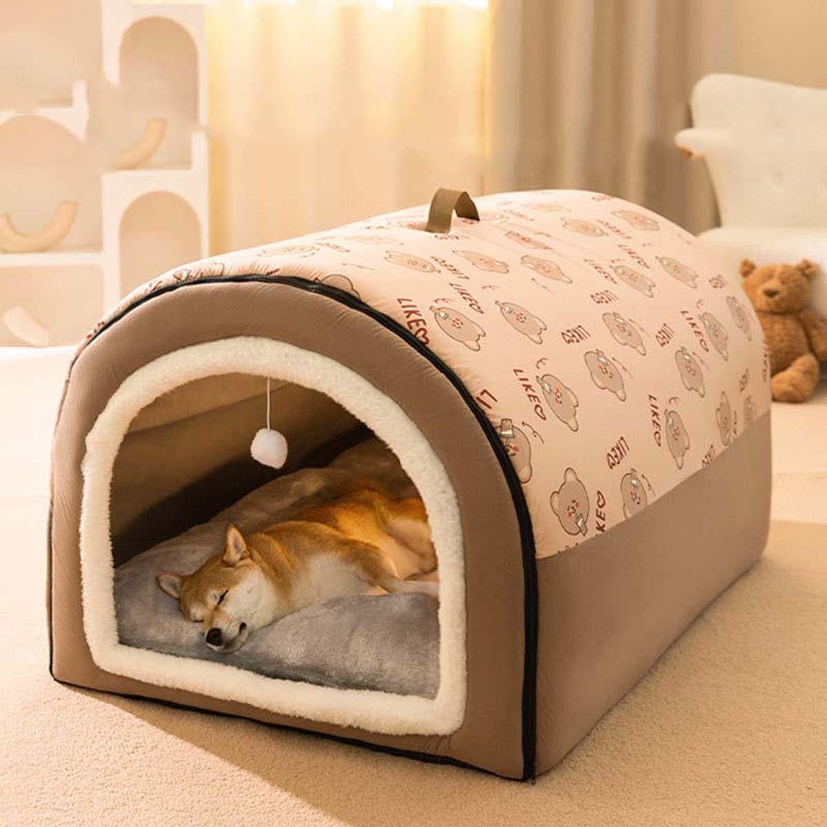 WHOROB Dog Bed 2 In 1 Dog House Large Pet Cave, Foldable Calming Dog Kennel with Anti Anxiety Soft Warm Cushion, Removable Washable Pet Igloo Bed for Dogs Cats, Non-Slip (L:60X45X40CM,Brown)