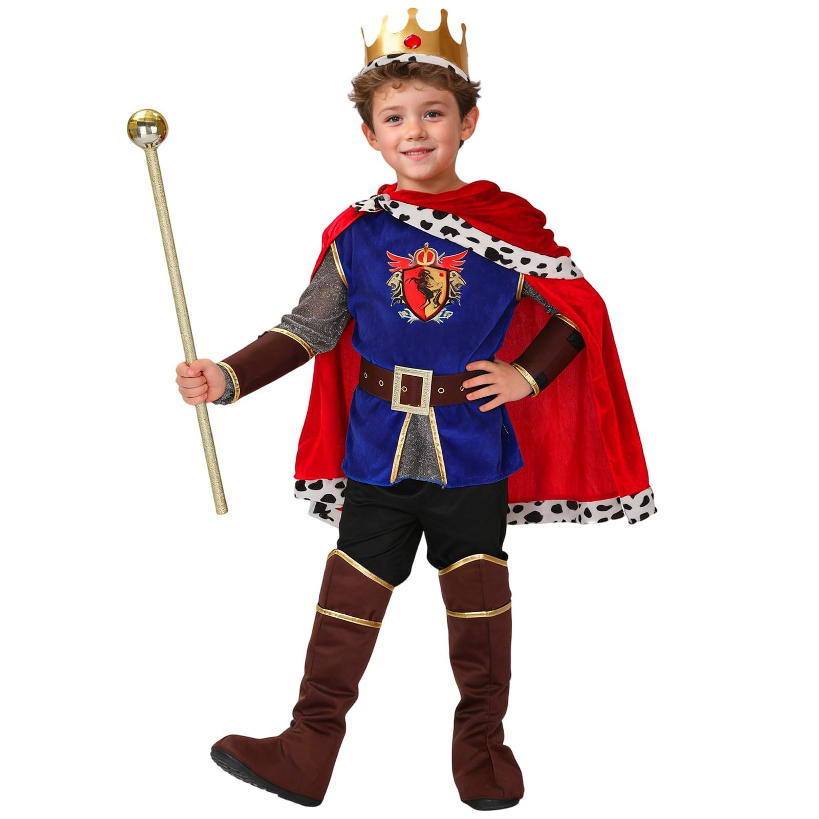 MaNMaNing Costume Carnaval Enfant Garcon Roi Cape Sceptre Cosplay Médiéval Fête Anniversaire Spectacle Tenue Monarque Souverain Costume Enfant Garcon 3 13 Ans