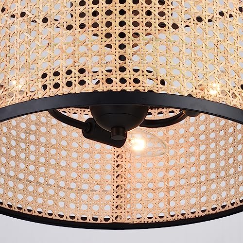 Vaxcel Berens 15.5-In W Matte Black Modern Farmhouse Drum Semi Flush Mount Ceiling Light With Rattan Cane Shade #TOP6