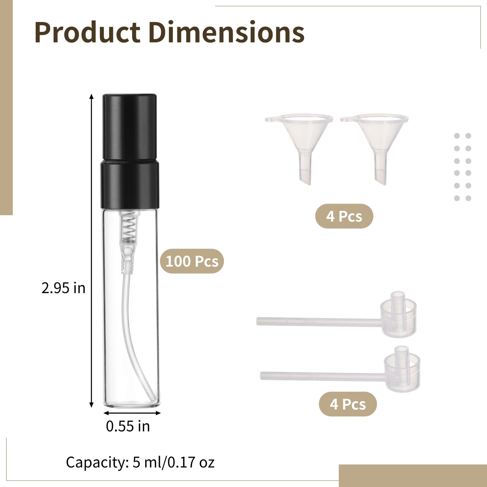 Mini butelki z rozpylaczem, 5 ml, szklane butelki na perfumy, przenośne pojemniki na próbki z czarnymi nasadkami, rozpylacze drobnej mgły, w zestawie 4 lejki i 4 dozowniki