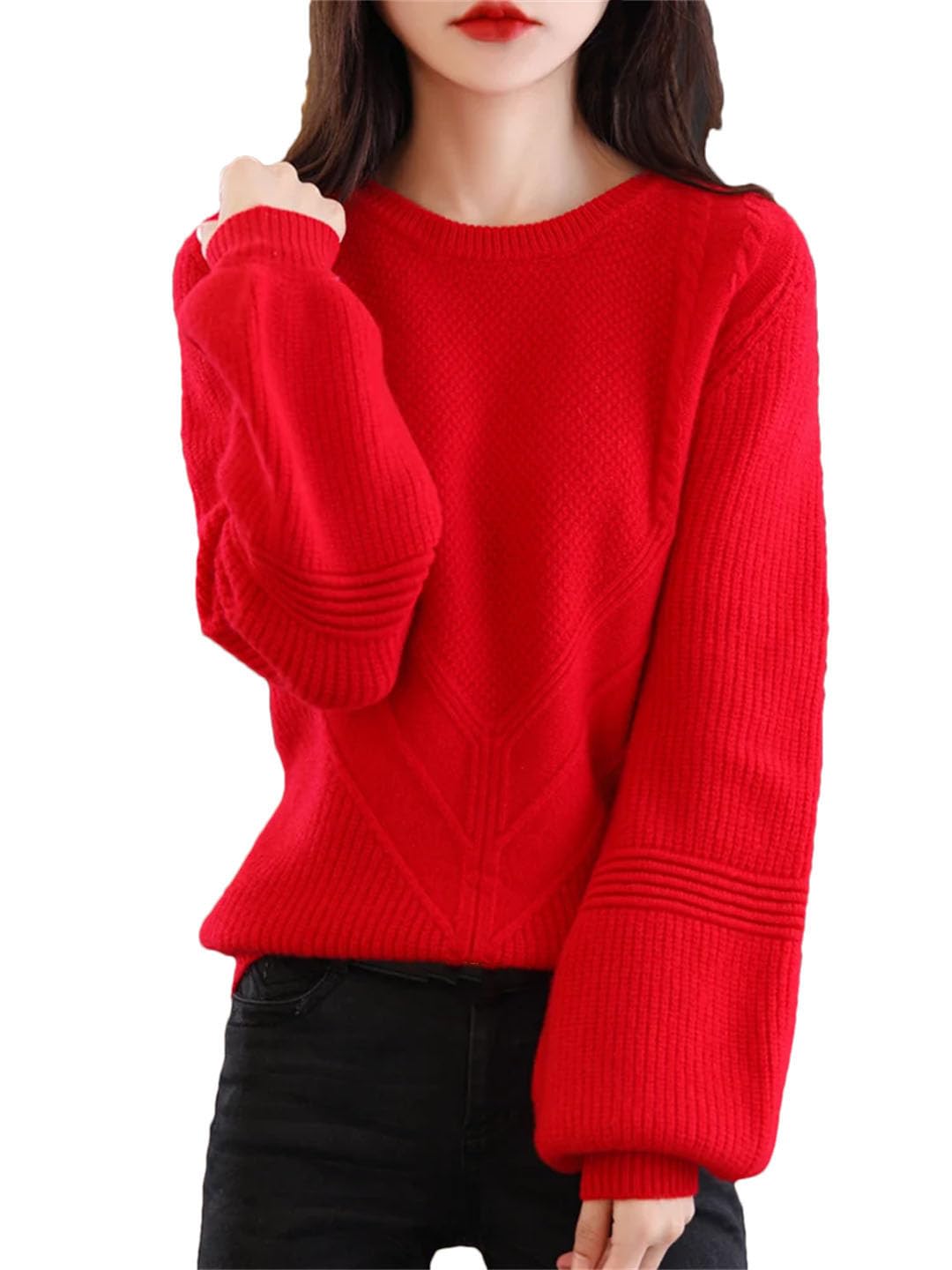 Vogrtcc Maglione di Lana da Donna Girocollo Autunno Inverno Pullover Lavorato A Maglia Caldo Top A Maniche Lunghe