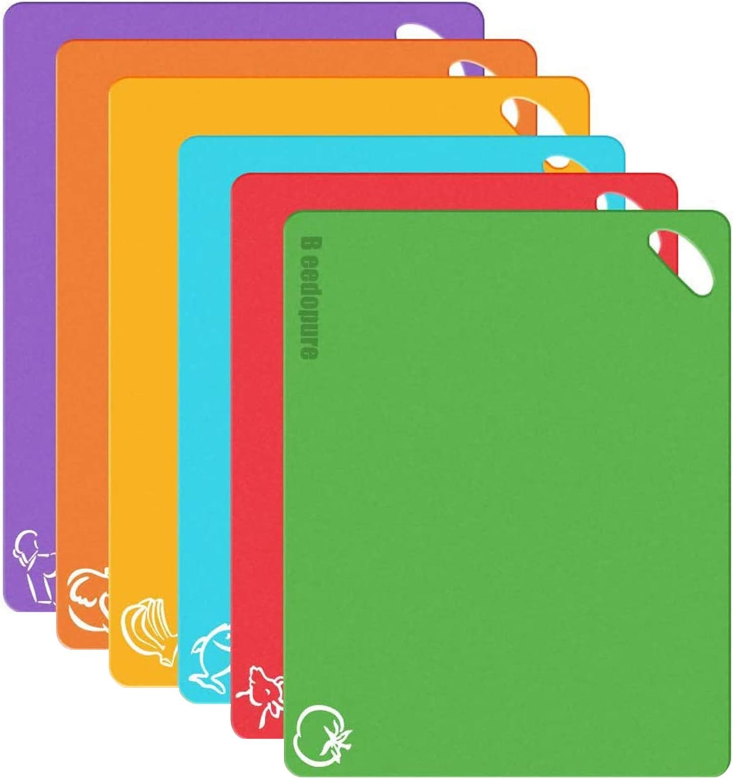 Flexible Plastic Cutting Boards for Kitchen Dishwasher Safe Thick Chopping Board Mats with Color Icons & Handles, Set of 6