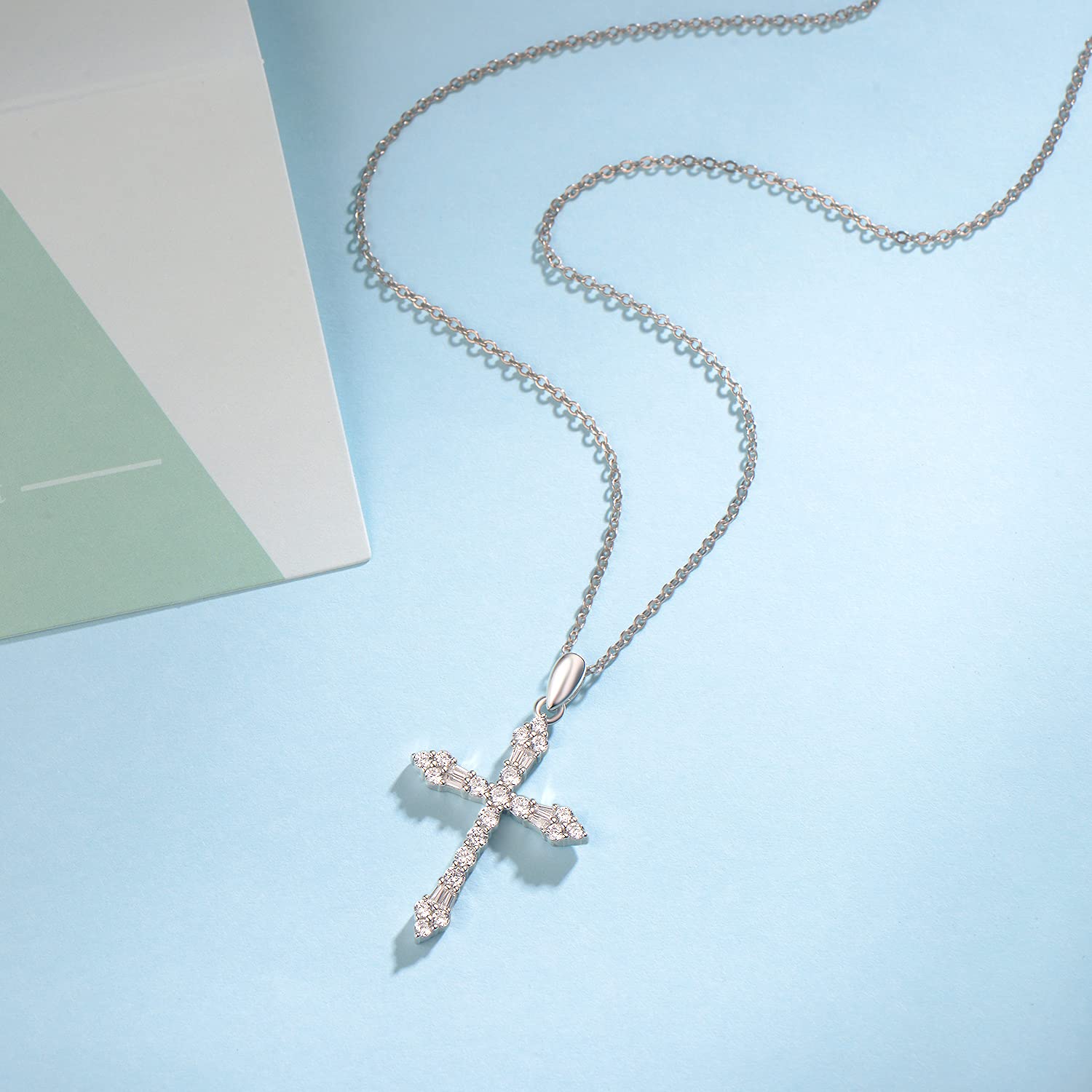 FANCIME Collana con Pendente Croce in argento Sterling 925 placcato in oro Bianco, Regalo di Gioielli per Donna Ragazza, lunghezza della catena: 40 cm + 5 cm