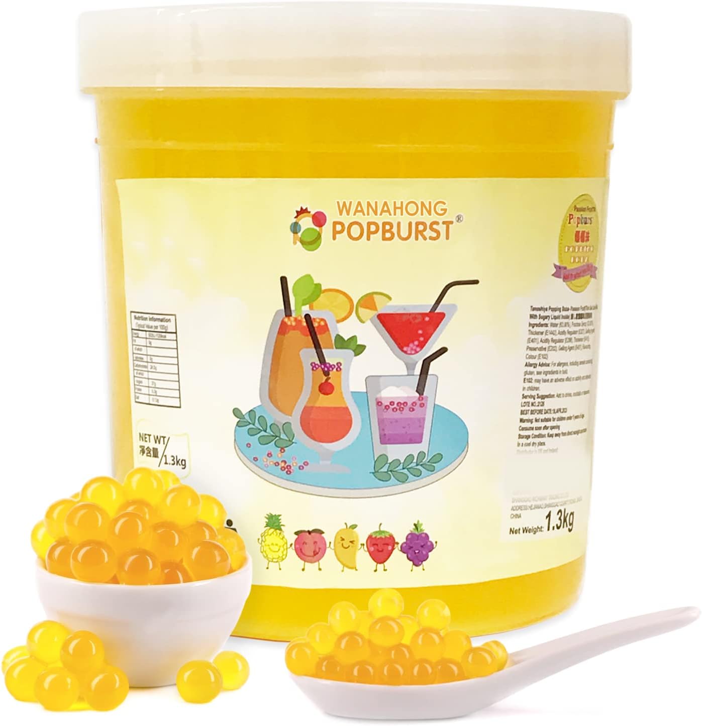 WaNaHong Popping Boba Pearl 1.3 KG Dessert Toppings, Prosecco and Cocktails (Passion Fruit)