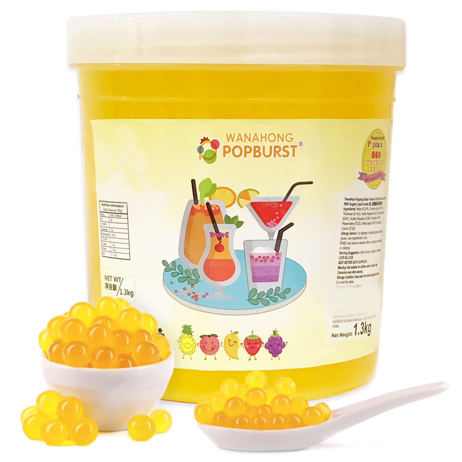 WaNaHong Popping Boba Pearl 1.3 KG Dessert Toppings, Prosecco and Cocktails (Passion Fruit)